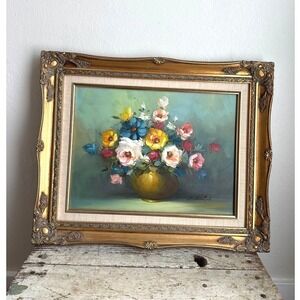 Vintage C Nichols Oil Flower Painting Ornate Gold Gilt Frame Floral Wall Art